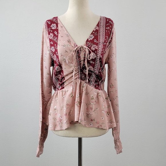DEREK HEART boho floral print peplum blouse Sz S NEW - Picture 1 of 7